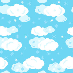 Kids seamless pattern in simple hand drawn flat style. Cute simple elements of clouds with snowflakes on a blue background. Vector nursery illustration.