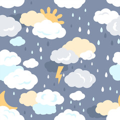 Boho kids seamless pattern in simple hand drawn flat style. Cute elements of clouds with rain drops, sun and moon on a dark background. Nursery vector illustration.