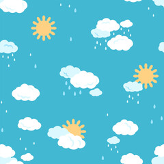 Boho kids seamless pattern in simple hand drawn flat style. Cute elements of clouds with rain drops and sun on a blue background. Nursery vector illustration.