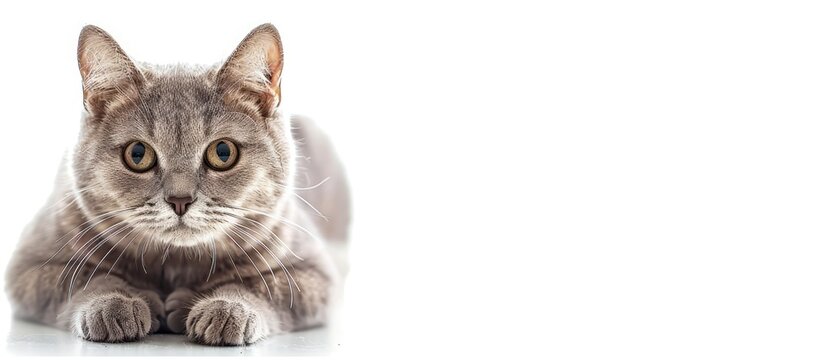 Isolated photo of a grey cat on a white background with copy space image.