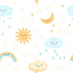 Boho kids seamless pattern in simple hand drawn flat style. Cute elements of clouds with rain drops, sun and moon on a white background. Nursery vector illustration.