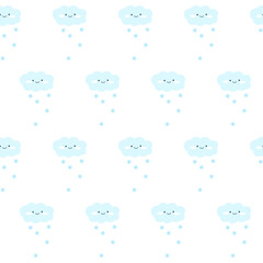 Kids simple hand drawn flat style seamless pattern. Cute elements of clouds with rain drops on a white background. Nursery vector illustration.