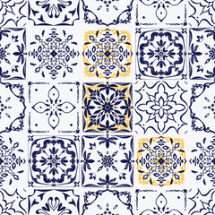 Wallpaper featuring a seamless pattern of blue and yellow square ornamental designs on a white background. Ceramic tiles Portugal Azulejo. Decorative wall ornament in architecture and interior