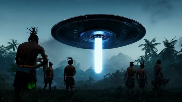 A fictional encounter between a primitive tribe's first contact with aliens. A flying saucer lands in the jungle. Great intro for videos about UFO conspiracy theories