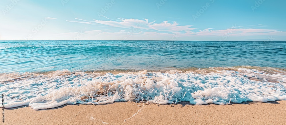 Poster Ocean waves gently lapping the sandy shore create a calming scene with a breathtaking view of the horizon and a clear blue sky in the background with copy space image.