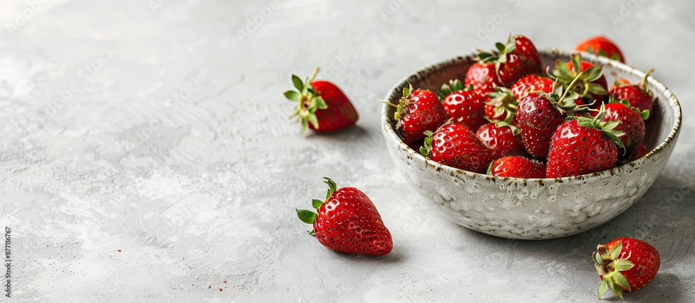 Poster Fresh strawberries piled in a ceramic bowl on a rustic white surface with ample copy space image.