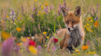 Obraz premium A fox in a wildflower field gazes at the camera, expressing curiosity