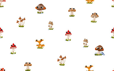 Obraz premium Seamless pattern with mushrooms. Mycelium of red fly agaric mushrooms, toadstools and chanterelles. Children's autumn illustration. Cute hand drawn cartoon illustration on isolated background