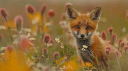 Obraz premium A tight shot of a fox amidst a flower field, with a hazy grass and wildflower backdrop