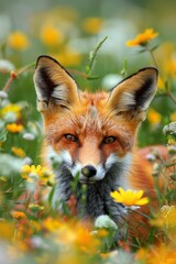 Fototapeta premium A tight shot of a fox amidst a field of yellow and white blooms; background softly blurred with flowers