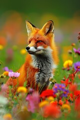 Obraz premium A tight shot of a fox amongst a flower-filled meadow Flowers prominent in foreground, background softly blurred