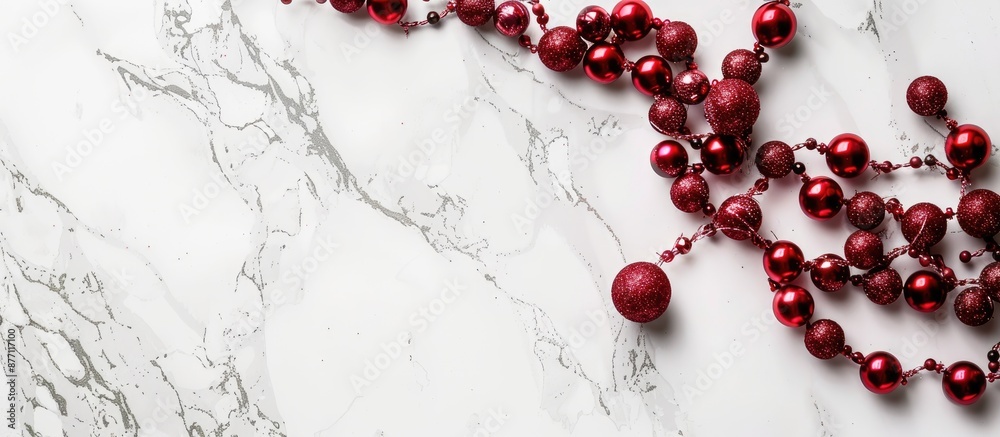 Poster a festive christmas frame featuring a string of red beads on a sleek marble background, viewed from 
