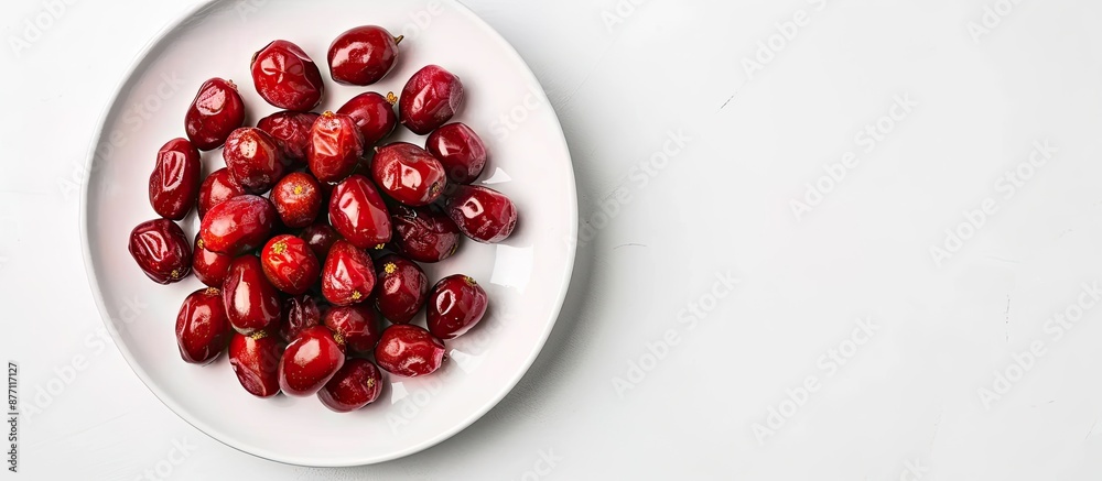 Poster Fresh dates displayed on a white plate against a white background with ample copy space image.