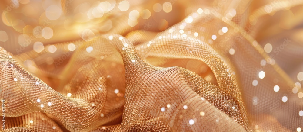 Poster Gold sparkly mesh ribbon on metallic fabric background with a macro focus and blurry background, perfect for copy space image.
