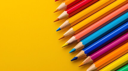 Fototapeta premium A rainbow of colored pencils on a yellow background.