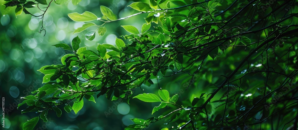 Poster summer forest backdrop with lush green tree branches, ideal for a copy space image.