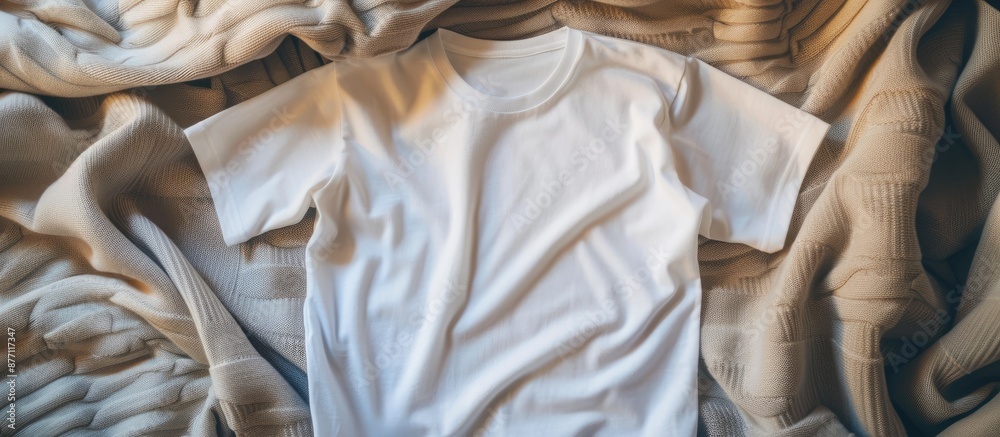 Leinwandbilder Top view of a white T-shirt on a clothes background with an empty copy space image for mock-up purposes is displayed.