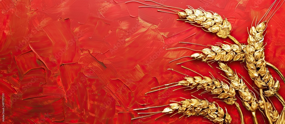 Poster Golden wheat painted in gold on a red background with top twist, creating a trendy copy space image.