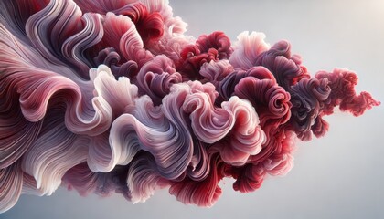 A super realistic image featuring a flow of swirling, translucent berry-toned fabric or smoke. The texture appears soft and ethereal, Generative AI