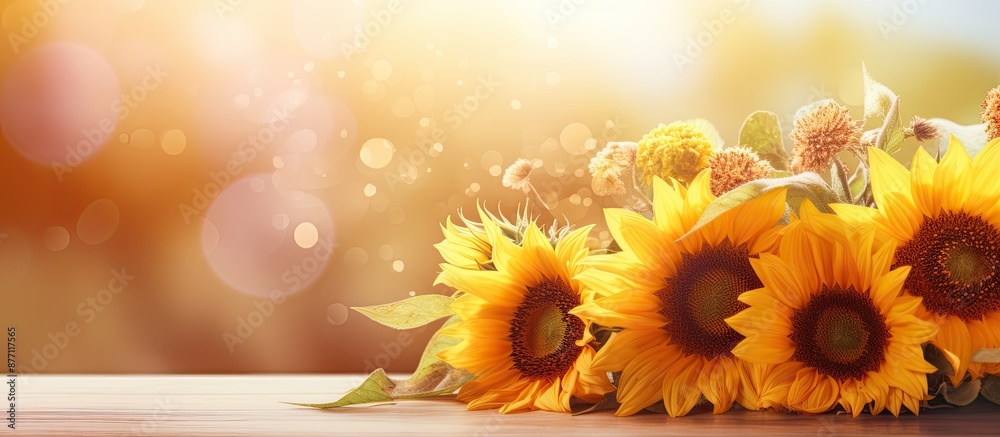 Poster fresh sunflowers and asters frame a blurred autumn background with sun rays, ideal for a copy space 