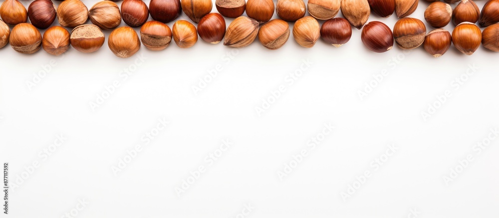 Poster top view of hazelnuts creatively arranged on a white background with copy space image, representing 
