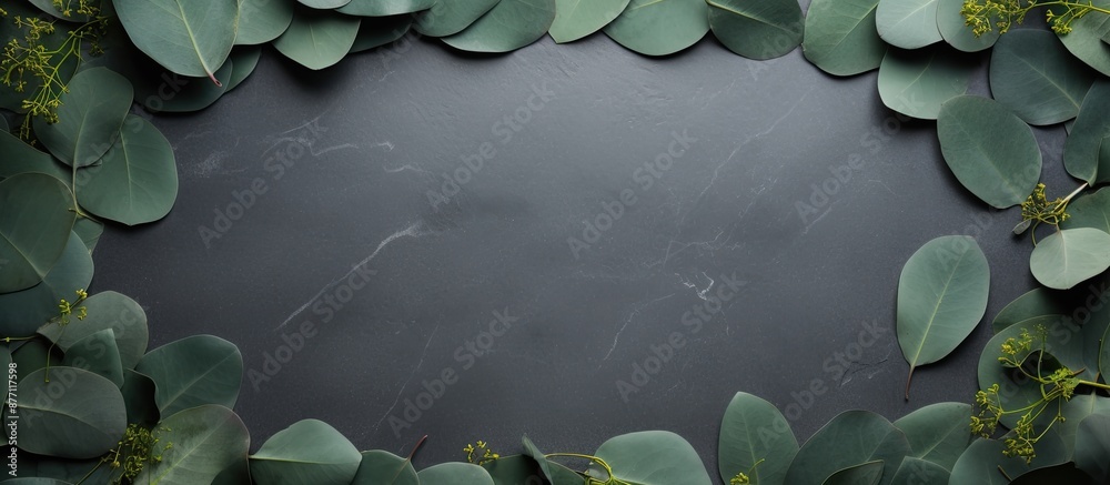 Aufkleber Eucalyptus leaves arranged on a stone surface with a frame crafted from eucalyptus branches in a top-down view, offering copy space within the composition.