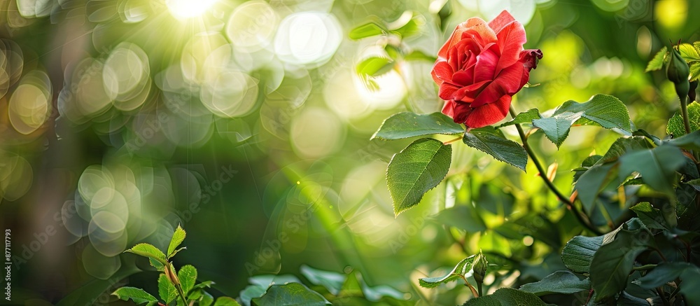 Poster bold red rose catches attention in a lush green garden setting with ample copy space image.