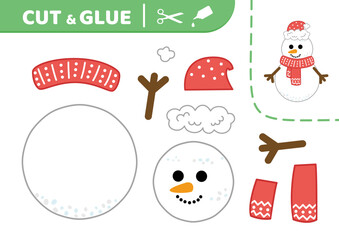 Cut and glue. Snowman in red scarf and hat. Applique. Cute snowman. Paper game. Vector.