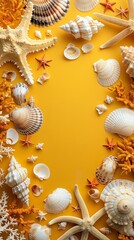 Sea shells in white and brown hues with coral design floating above a lively yellow backdrop, representing holiday travels with copy space image