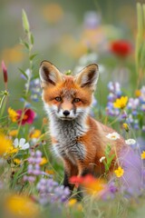  A tight shot of a fox amidst a blooming field, flowers near, background softly blurred