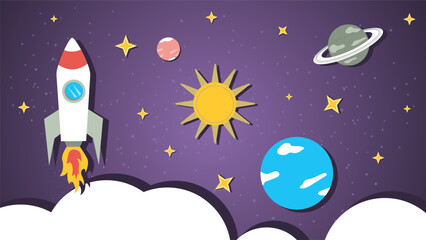A spaceship in outer space is flying among the planets a flat illustration of childrens doodles