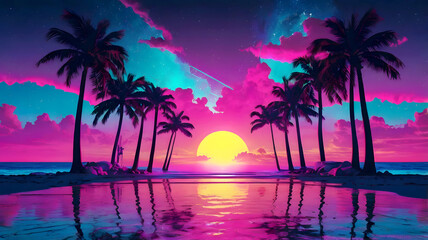 Aesthetic beach synthwave retrowave wallpaper with a cool and vibrant neon design, Generative AI