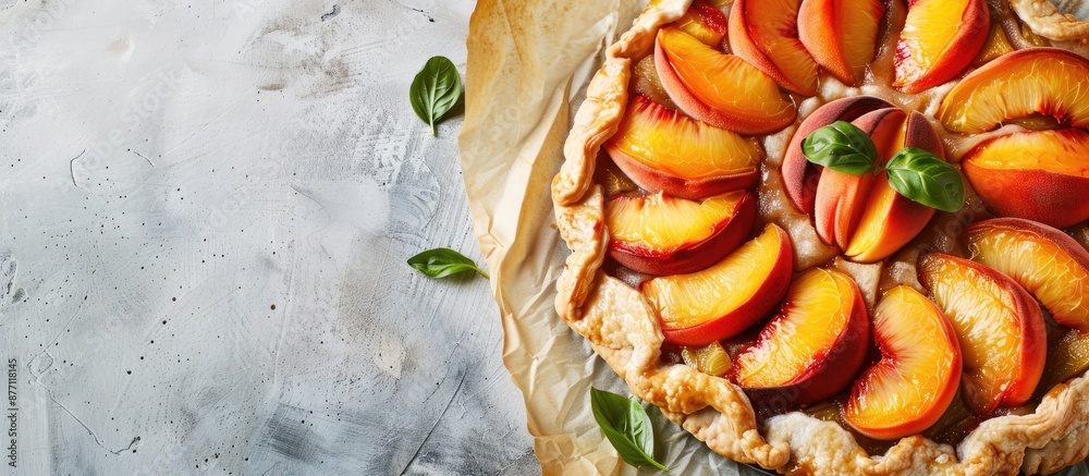 Poster Light background with a raw peach galette on parchment, providing ample copy space image.