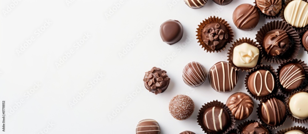 Poster delicious chocolate candy on a white backdrop with ample copy space image.