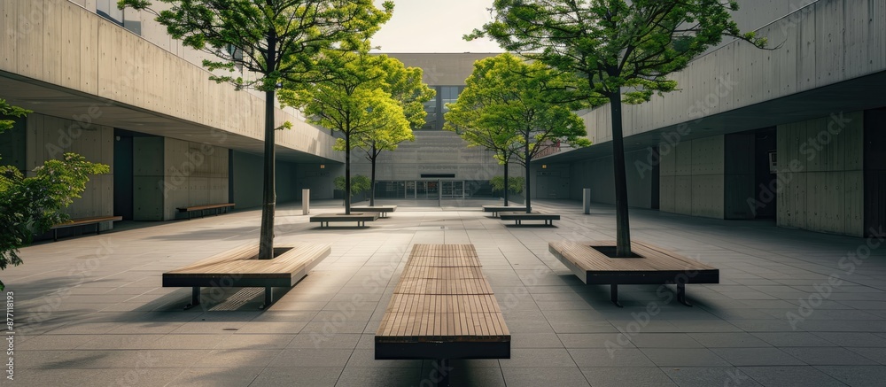 Poster contemporary architecture and a plaza with benches, featuring plenty of copy space image.
