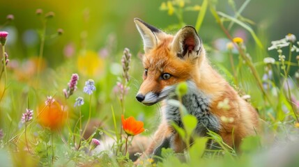 Obraz premium A tight shot of a fox resting in a lush grass field, surrounded by wildflowers and blooming flowers in the backdrop
