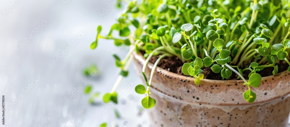 Poster close-up of micro-green pea sprouts in a pot with soil on a white background, perfect for healthy li