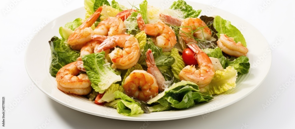 Poster Seafood Caesar Salad with prawns displayed on a white background from above, with ample space for additional images or text.