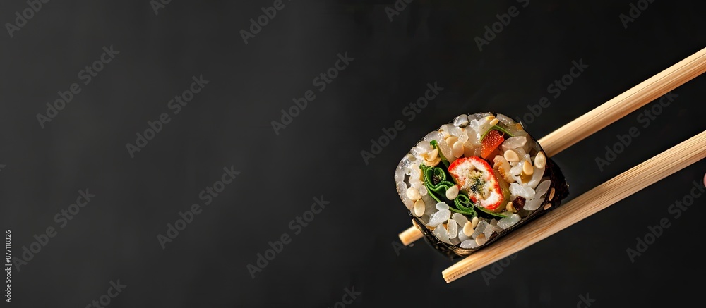 Poster Sushi rolls are held by chopsticks against a black backdrop creating a striking copy space image.