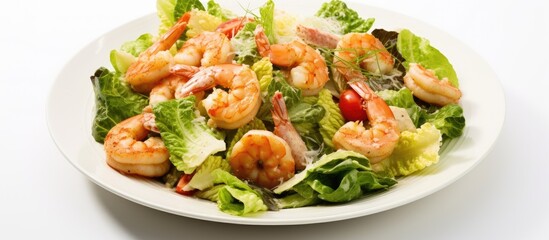 Seafood Caesar Salad with prawns displayed on a white background from above, with ample space for additional images or text.