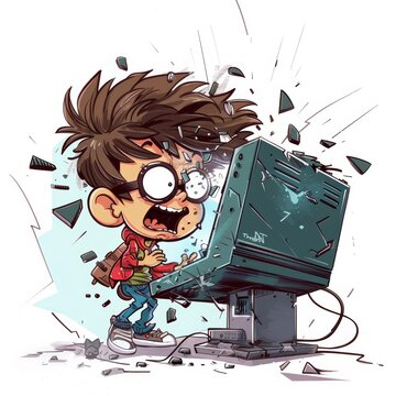 recommend clip art: a boy breaking a computer, Cartoon