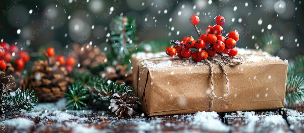 Poster snowy christmas box with rowan berries and pine cones, perfect for a festive copy space image.