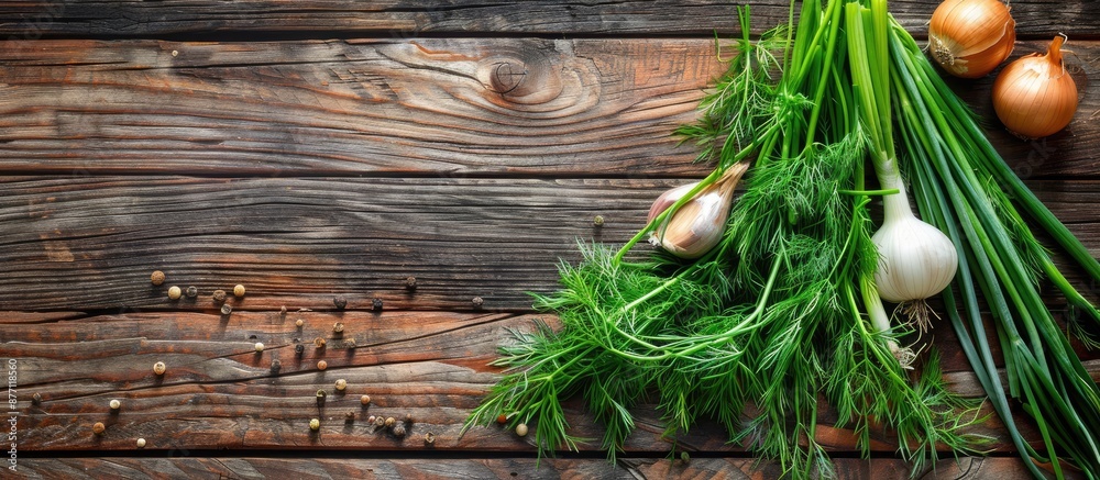 Poster top view of green dill and onion on a rustic wooden table with copy space image.
