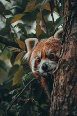 Fototapeta premium A red panda closely examines the foliage, its face and head partially hidden by a tree branch