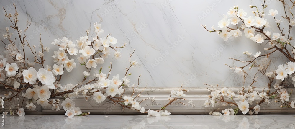 Poster a marble backdrop adorned with delicate white flowers throughout, perfect for a copy space image.