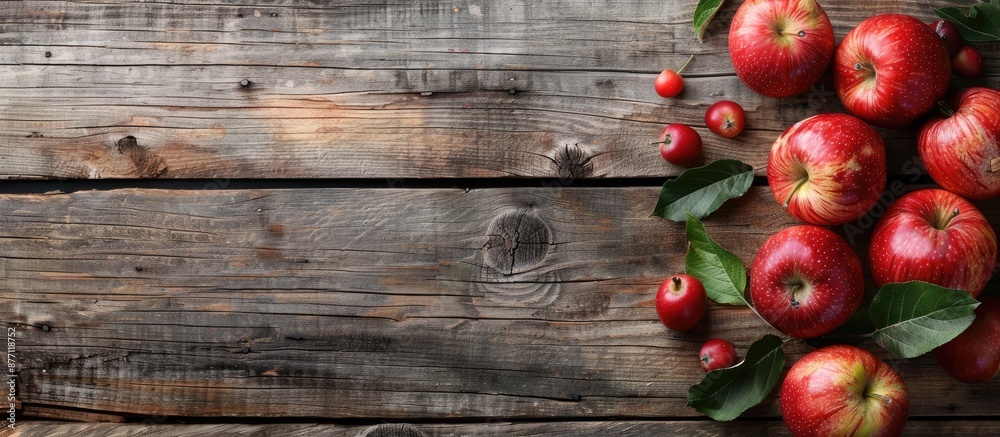 Aufkleber apples from the garden displayed on a rustic wooden table with a blank space for text or images.