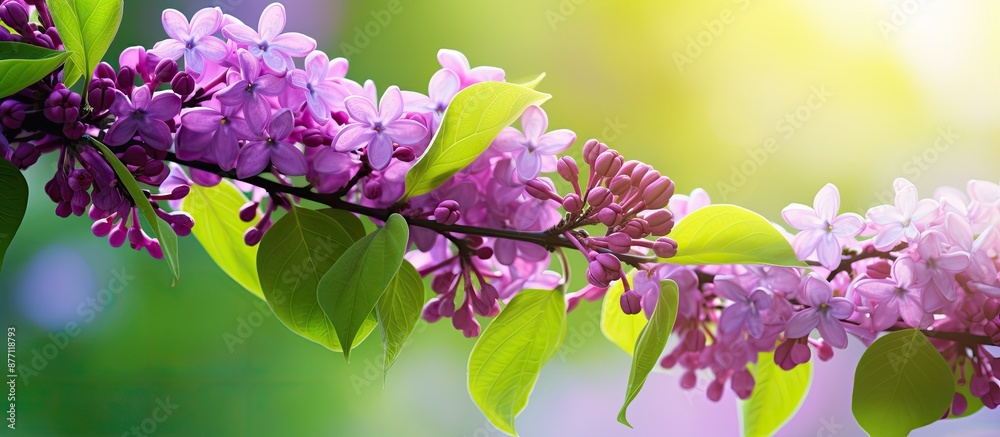 Poster close-up image of a lilac branch with a purple hue against a lush green garden background, featuring