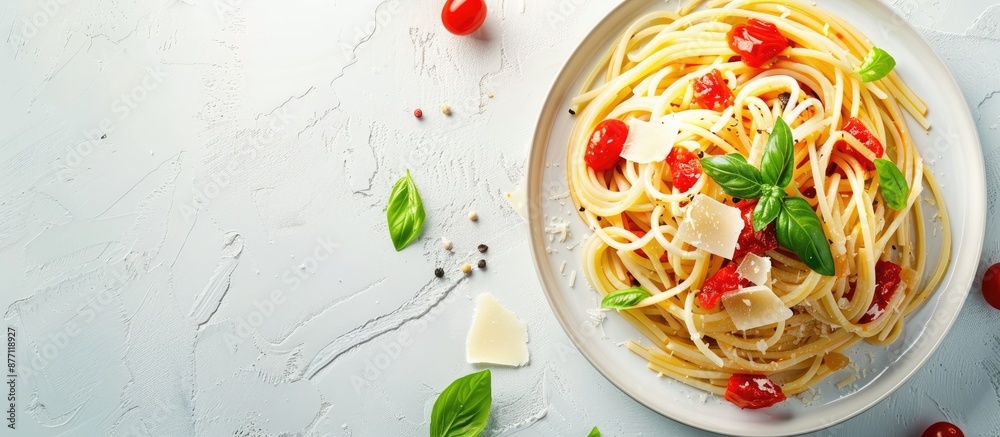 Poster top view of italian pasta with tomato sauce, cheese, and basil on a bright background, allowing for 
