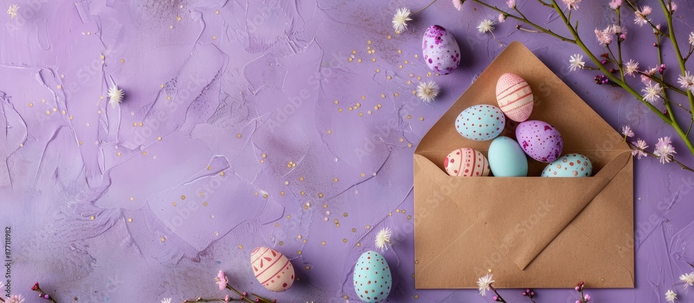 Poster purple background with easter decor - a kraft envelope surrounded by eggs, ideal for an easter-theme