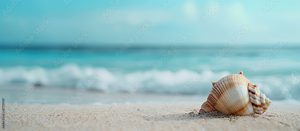 Aufkleber A seashell resting on the sandy beach with a tranquil ocean backdrop in a serene setting, ideal for a minimalist copy space image.